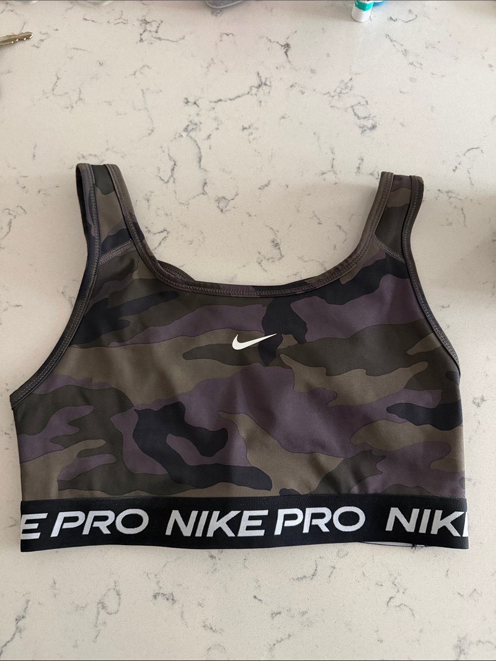 Nike Camo Sports Bra in Olive, Black & Gray with White Swoosh